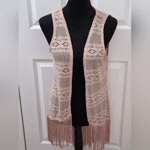 Crochet Fringe Vest/Cover Up in Light Tan     Size S